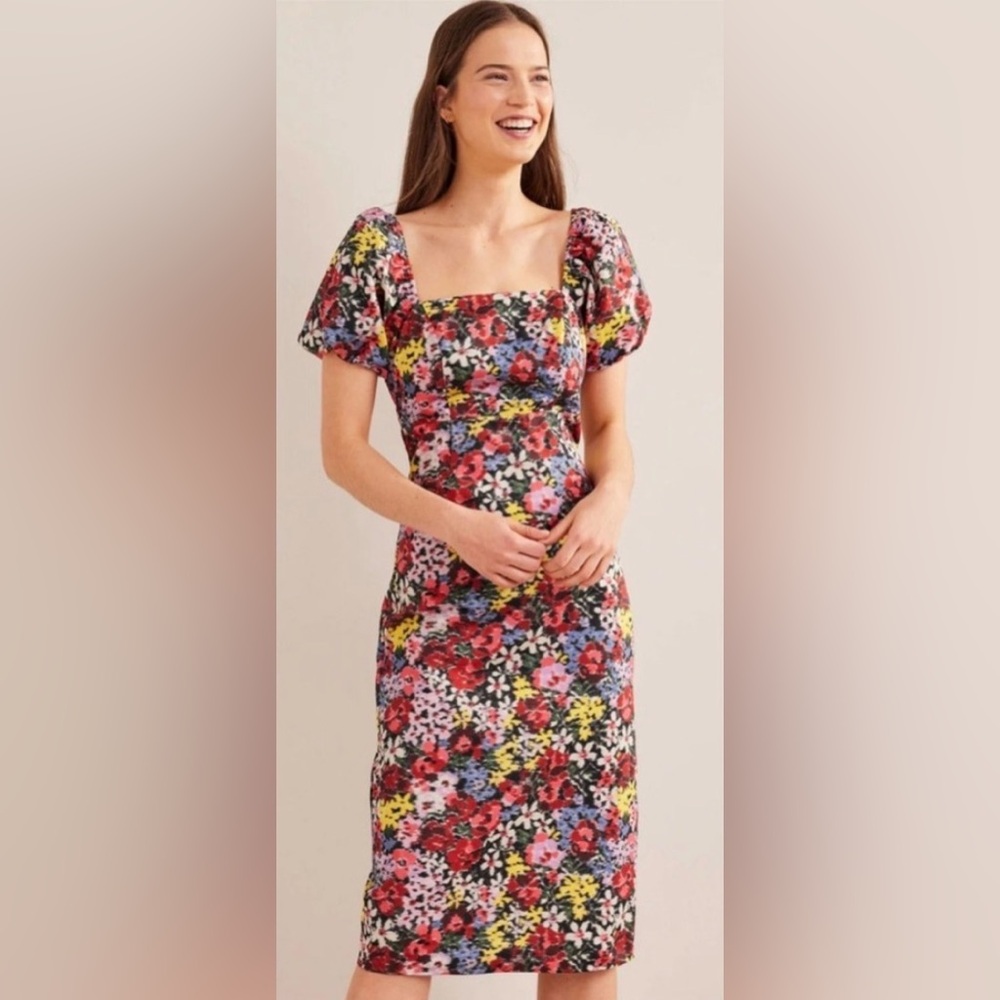 Boden Women’s Puff-Sleeve Square-Neck Midi Dress | Size 8